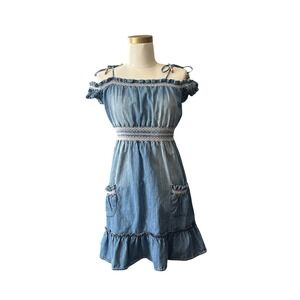 Wet Seal y2k Denim Dress Women's Small Blue‎ Ruffle Pockets Beaded Boho